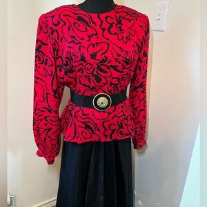 12 - Luxurious 100% Silk Red & Black Blouse & Matching Black Midi Skirt w/flair